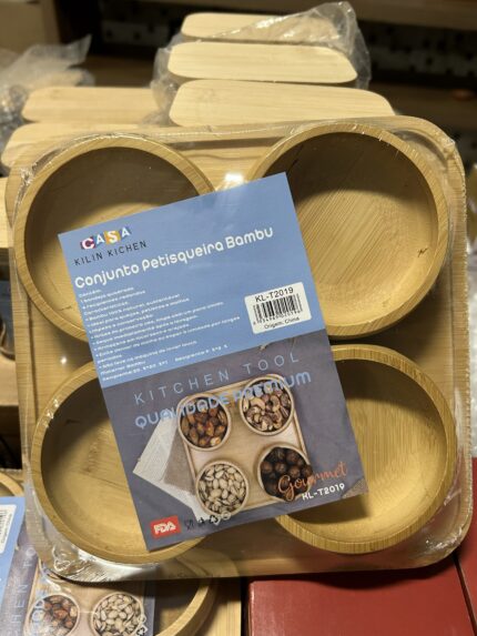 Kit Petisqueira De Bambu Bandeja De Servir Com 4 Bowls Bambu