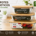 Kit 3 Potes Hermético Retangular De Vidro Com Tampa Bambu