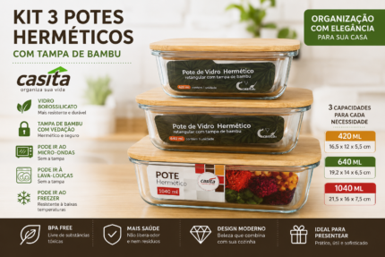 Kit 3 Potes Hermético Retangular De Vidro Com Tampa Bambu
