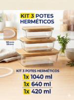 Kit 3 Potes Hermético Retangular De Vidro Com Tampa Bambu