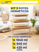 Kit 3 Potes Hermético Retangular De Vidro Com Tampa Bambu
