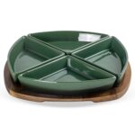 Conjunto De 4 Petisqueiras Cerâmica Verde Base Madeira Luxo