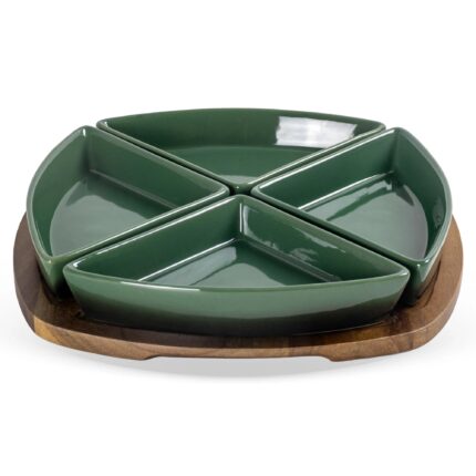 Conjunto De 4 Petisqueiras Cerâmica Verde Base Madeira Luxo