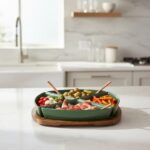 Conjunto De 4 Petisqueiras Cerâmica Verde Base Madeira Luxo