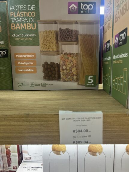 Kit com 5 potes herméticos de plástico com tampa de bambu - imagem 1