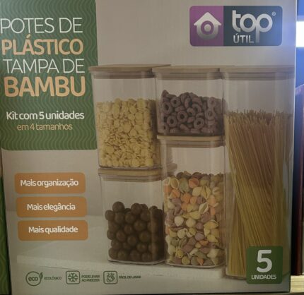 Kit com 5 potes herméticos de plástico com tampa de bambu - imagem 2
