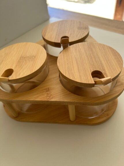Conjunto porta temperos com 3 potes de vidro e suporte de bambu - imagem 2
